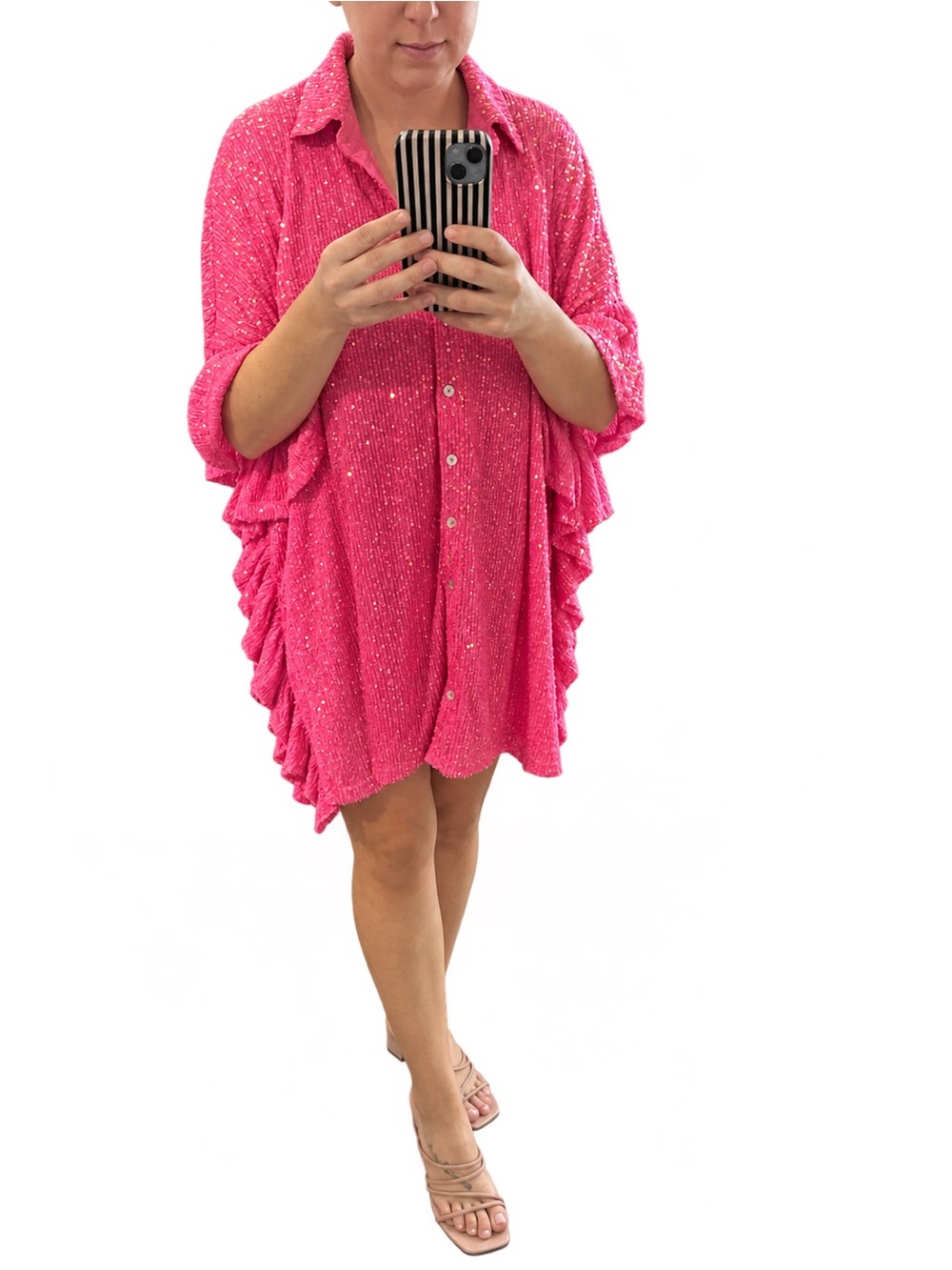 Fantastic Fawn Pink Sequin Button Front Tunic Mini Dress Small